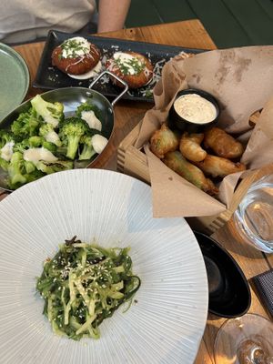Wakame salad, broccoli with cheese, avocado tempura and mushroom croquettes   at Salt in Tirana