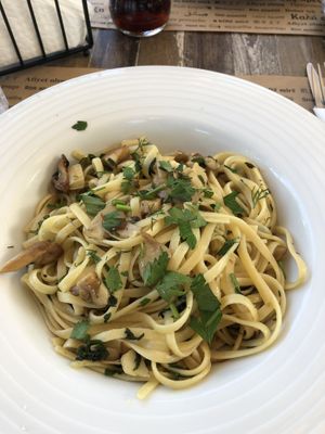 Pasta with champignons  at Aubergine Cafe in Corfu
