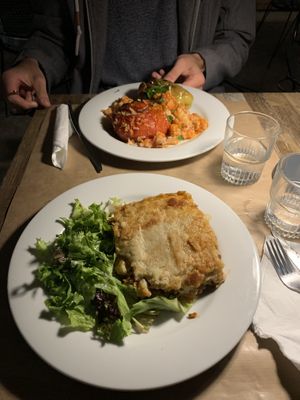 moussaka and stuffed veggies  at Aubergine Cafe in Corfu