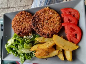 Vegan burger at Aubergine Cafe in Corfu