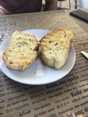 Garlic bread starter (so good!)  at Aubergine Cafe in Corfu