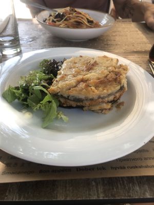 Mussakas   at Aubergine Cafe in Corfu