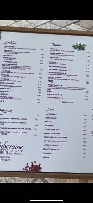 Menu part I at Aubergine Cafe in Corfu