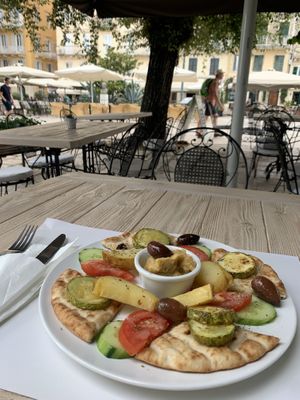 Greek platter (the hummus was soooo good)  at Aubergine Cafe in Corfu