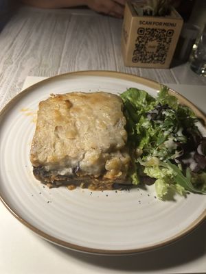 Vegan Moussaka with side salad   at Aubergine Cafe in Corfu