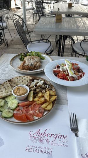 Vegan gyros, vegan Greek salad, vegan moussaka  at Aubergine Cafe in Corfu