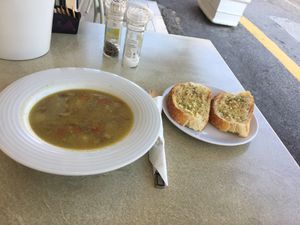 Vegetable soup and garlic bread  3 at Aubergine Cafe in Corfu