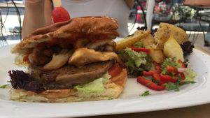 Vegan burger  at Aubergine Cafe in Corfu