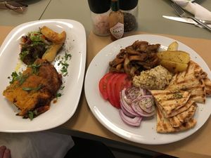 Vegan moussaka and vegan mushroom gyro  at Aubergine Cafe in Corfu