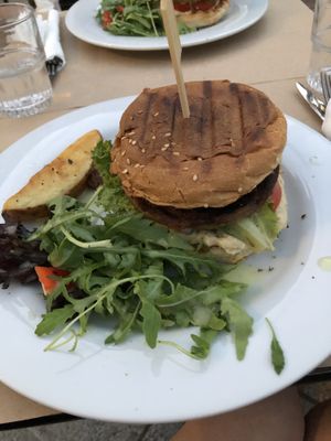 Vegan burger  at Aubergine Cafe in Corfu