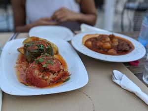Stuffed peppers and tomato & stifado  at Aubergine Cafe in Corfu