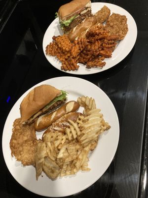 To go order: Western Double Meta Patty, Chicken Tender Basket, Sweet Potato Fries, Soft Pretzel Sticks at Meta Burger in Denver