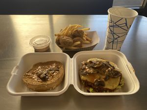 Flatiron burger with kids order of fries and nuggets   at Meta Burger in Denver