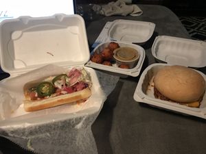 Chili cheese burger, meta bites, super nova dog at Meta Burger in Denver