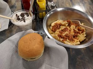 Cookies and Creme Meta Blast, Buffalo chicken Burger, and Chili Cheese Fries at Meta Burger in Denver
