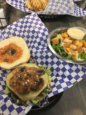 Flatiron Steak Burger (garden patty) w/ a side salad at Meta Burger in Denver