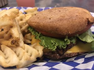 Classic burger with bkn at Meta Burger in Denver