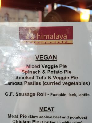 Vegan menu at Himalaya Bakery and Cafe in Daylesford