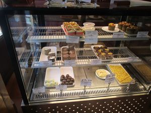 Today's vegan options include the pecan, date and apricot cake, the hummus, Chocolate Delight, cherry Danish and apple cinnamon scrolls. at Himalaya Bakery and Cafe in Daylesford