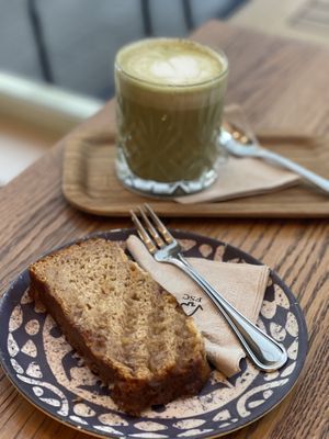Vegan matcha latte and banana bread   at Balott in Trier