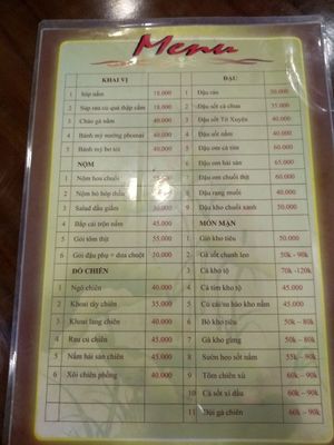 Menu at Dung Anh in Yen Thanh