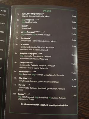 Pasta Speisekarte at Veg-Italia in Passau
