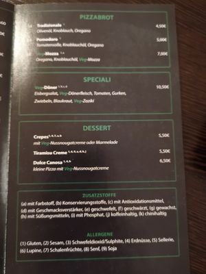 Dessert Speisekarte at Veg-Italia in Passau