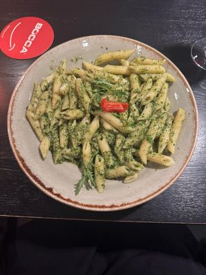vegan pasta with pesto sauce at Bocca in Bruges