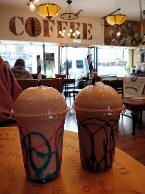Corten candy with oat milk & chocolate and coconut with coconut milk :) at Black Gold Coffee in Cheltenham
