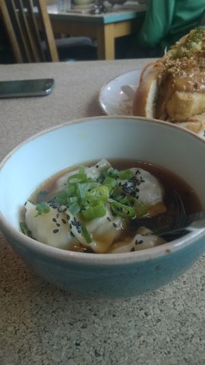 Vegetable dumplings in a soy and sesame broth at Omni Cafe in Whitley Bay