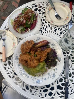 Fried oyster mushroom and beet cabbage rolls at Fog Eater Cafe in Mendocino