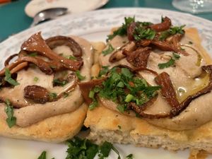 Focaccia bread, mushrooms and mushroom sauce  at Fog Eater Cafe in Mendocino