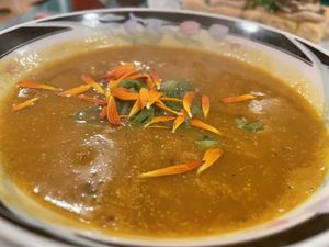 Pumpkin curry soup at Fog Eater Cafe in Mendocino