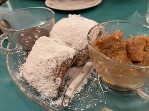 Beignets with chocolate sauce and pear butter  at Fog Eater Cafe in Mendocino