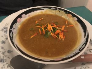 Curried pumpkin soup at Fog Eater Cafe in Mendocino