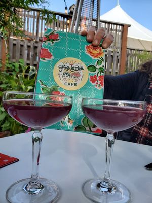 Happy Hour! Peach infused organic red wine. at Fog Eater Cafe in Mendocino