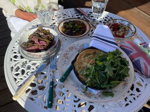 3 delicious sides and the pot pie   at Fog Eater Cafe in Mendocino