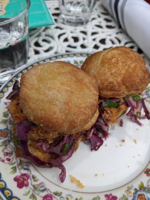 Buffalo cauliflower sliders on biscuits with ranch and slaw. A little spicy. at Fog Eater Cafe in Mendocino