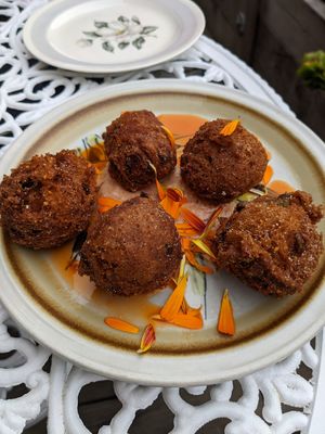 Hush puppies with some kind of jam. Very very good. at Fog Eater Cafe in Mendocino