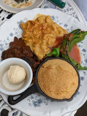 BBQ Lima beans, cornbread, creole Mac and cheese, and some chiles. This was all perfectly fine but not amazing. at Fog Eater Cafe in Mendocino