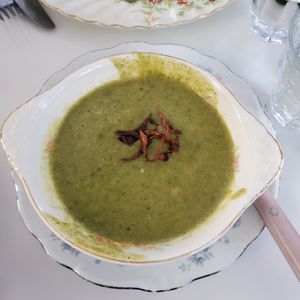 Hand-picked Cream of Nettle Soup at Fog Eater Cafe in Mendocino