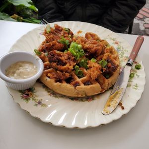 Cauli-Waffles at Brunch at Fog Eater Cafe in Mendocino