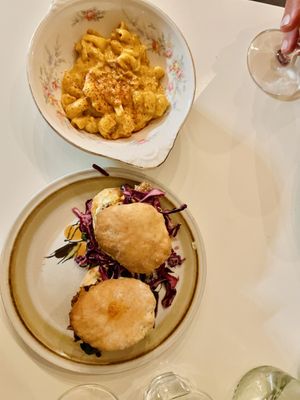 Cajun Mac and cheese and biscuit sliders  at Fog Eater Cafe in Mendocino