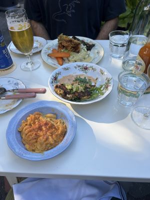 Mac and cheese, crabbie cakes, and fried king oyster mushrooms.   at Fog Eater Cafe in Mendocino