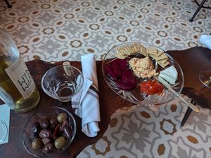 Vegan cheese plate & olive assortment  at Fog Eater Cafe in Mendocino