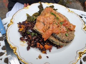 Eggplant with black rice jambalaya at Fog Eater Cafe in Mendocino