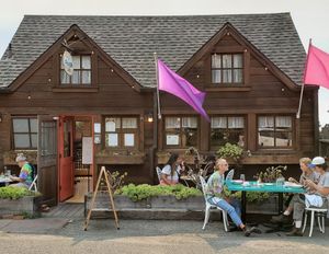 Front door during Covid-19. There's also seating in the rear. at Fog Eater Cafe in Mendocino