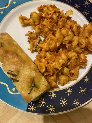 Vegan foccacia and vegan bolognese  at Pasta Factory in Galway