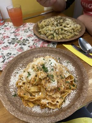 Vegan bolognese tagliatelle (front) and vegetarian truffle fusilli (back)  at Pasta Factory in Galway