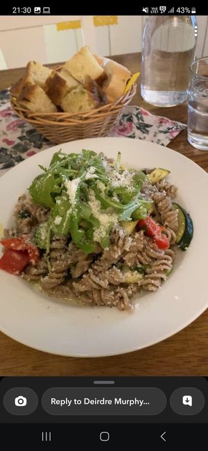 Vegan Carbonara and bread basket.   at Pasta Factory in Galway